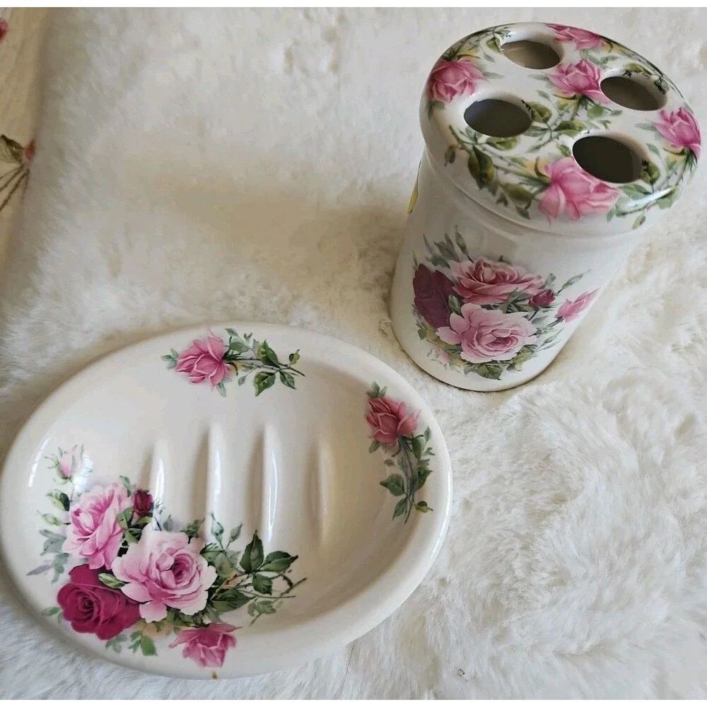 Vintage Crowne Oaks Designs Rose Floral Porcelain Toothbrush Holder & Soap Dish
